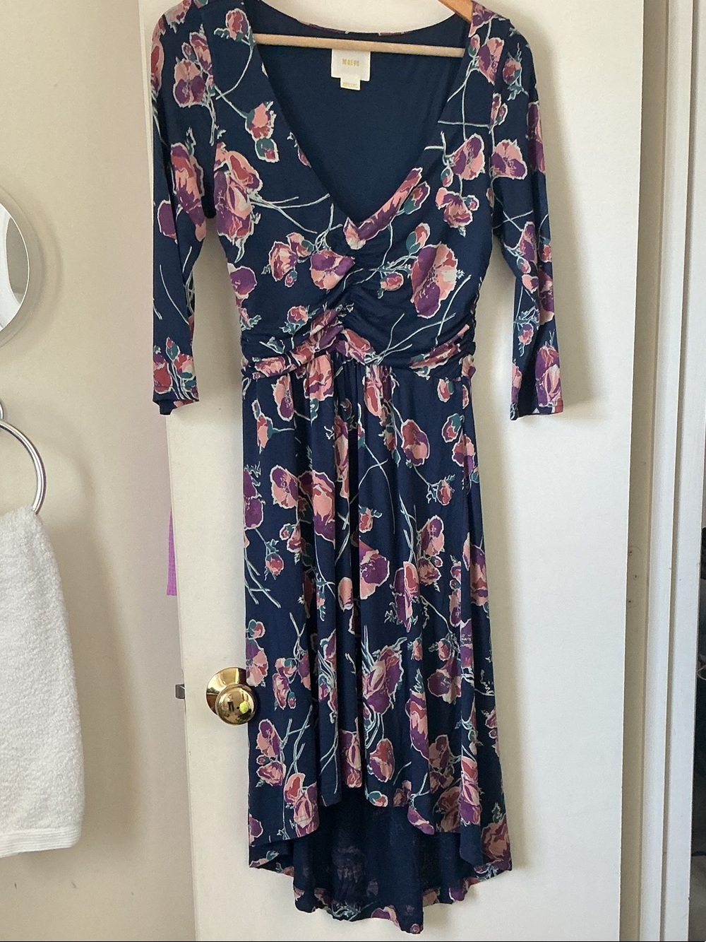 Maeve from Anthropologie Navy Floral High-Low  Dress with Pink Blooms
